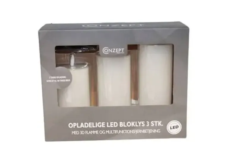 Conzept LED Bloklys 3D flamme opladelig chip 3 stk med remote