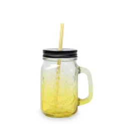 Drikkeglas med låg og sugerør 450 ml. gul