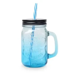 Drikkeglas med låg og sugerør 450 ml. blå