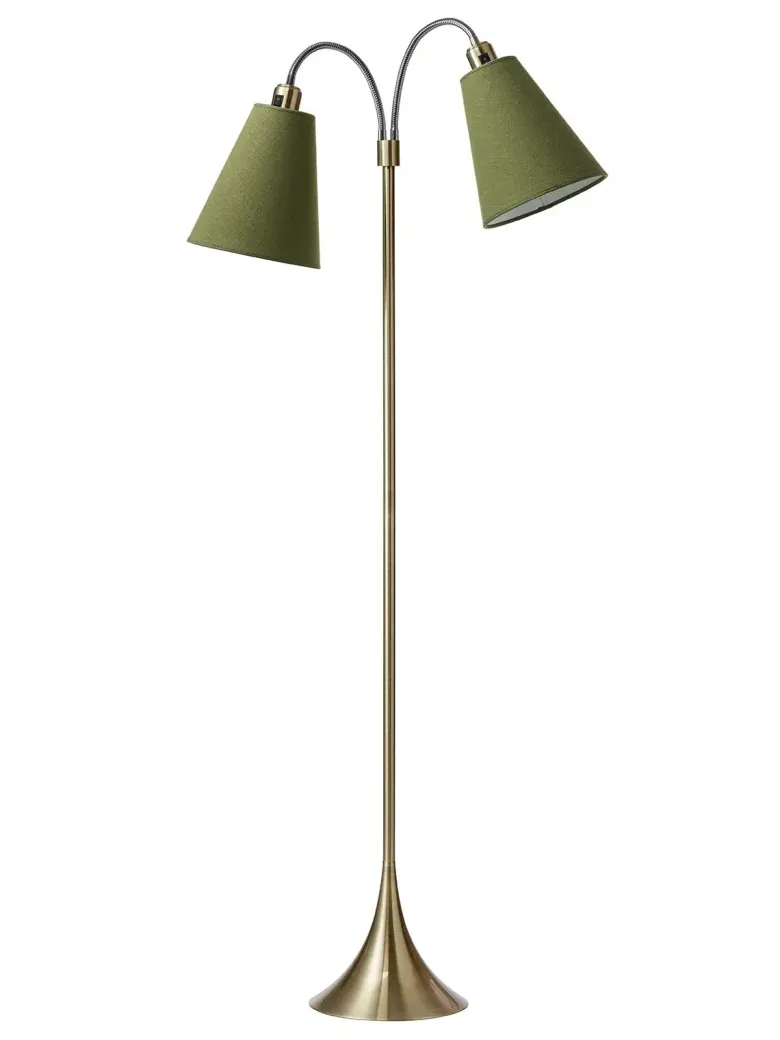 Fodgænger Gulvlampe antik messing m/mørk armygrønne skærme