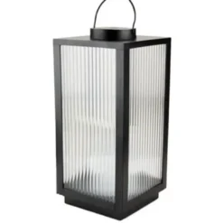 Lanterne med riflet glas og LED bloklys. H28 cm